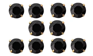 10k Yellow Gold Plated Created Black Sapphire 2 Carat Round Pack of Five Stud Earrings