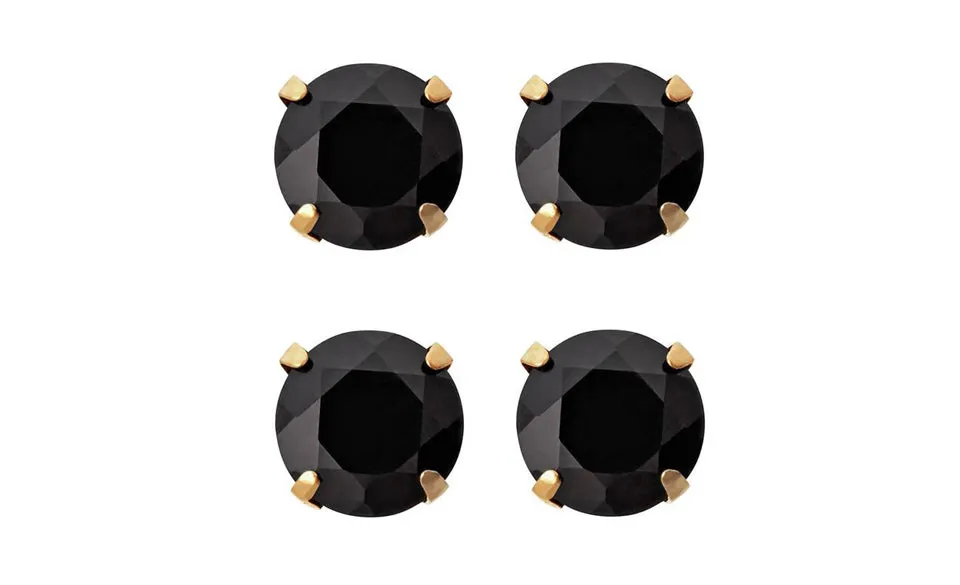 10k Yellow Gold Plated Created Black Sapphire 2 Carat Round Pack of Two Stud Earrings