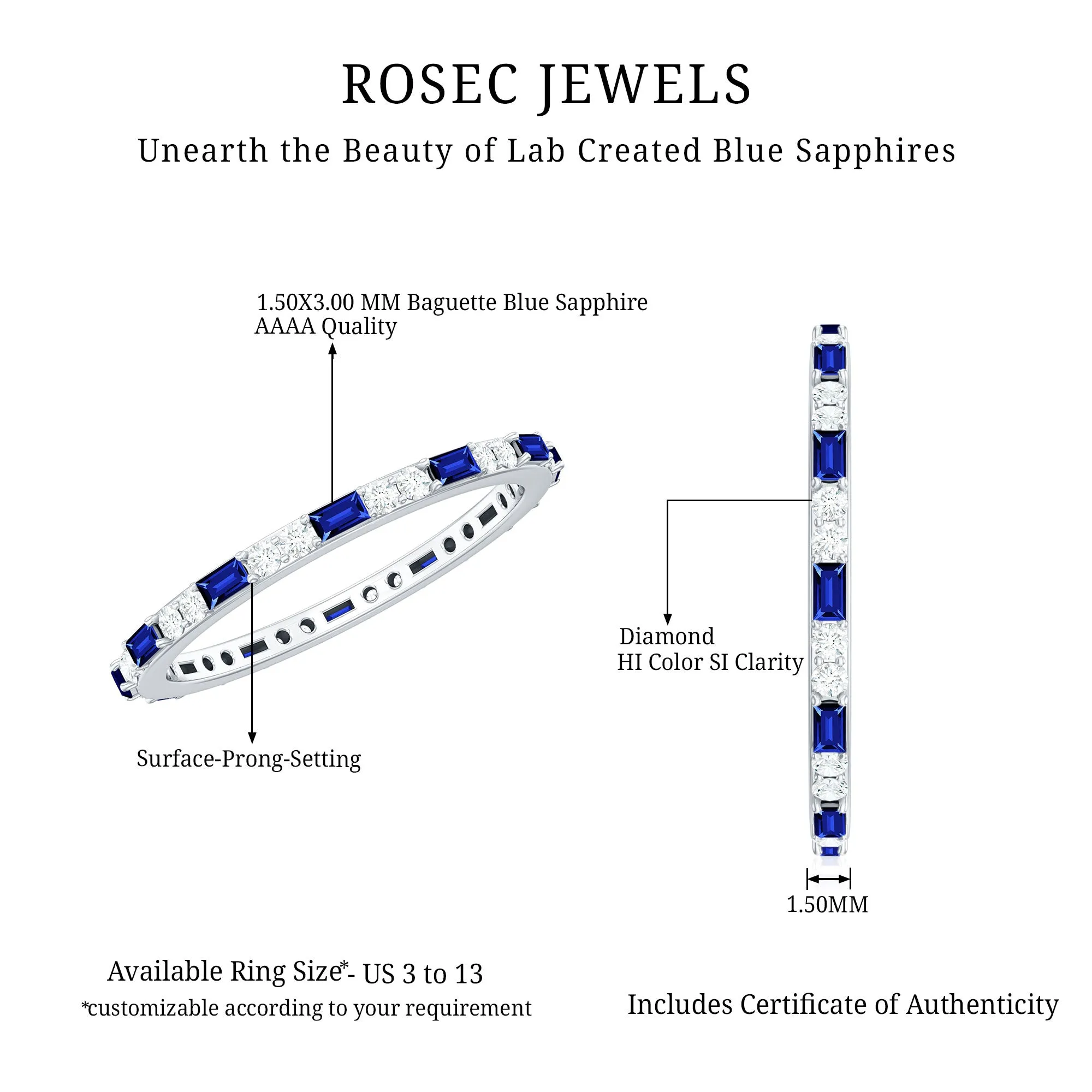 1.25 CT Baguette Created Blue Sapphire Full Eternity Ring with Diamond