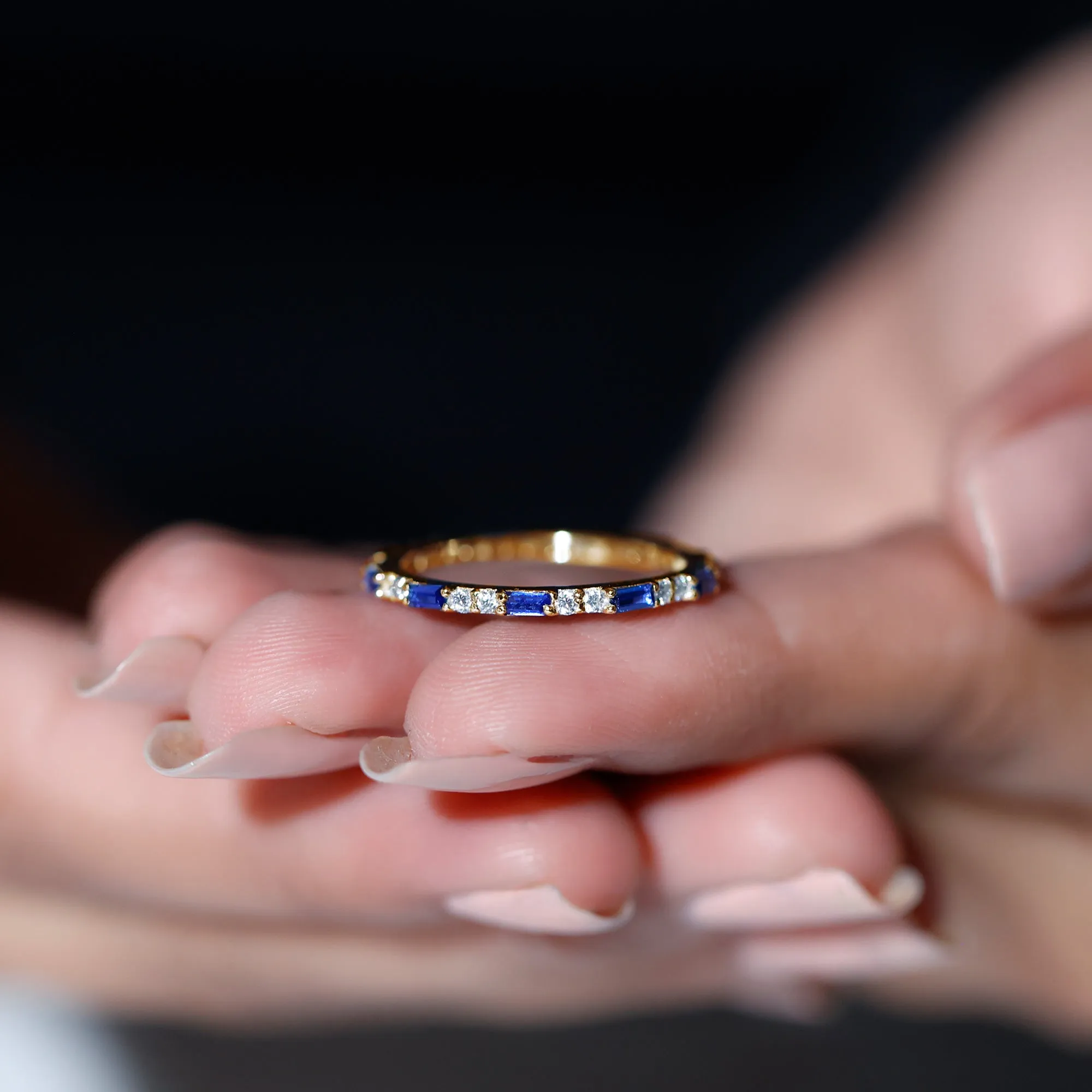 1.25 CT Baguette Created Blue Sapphire Full Eternity Ring with Diamond