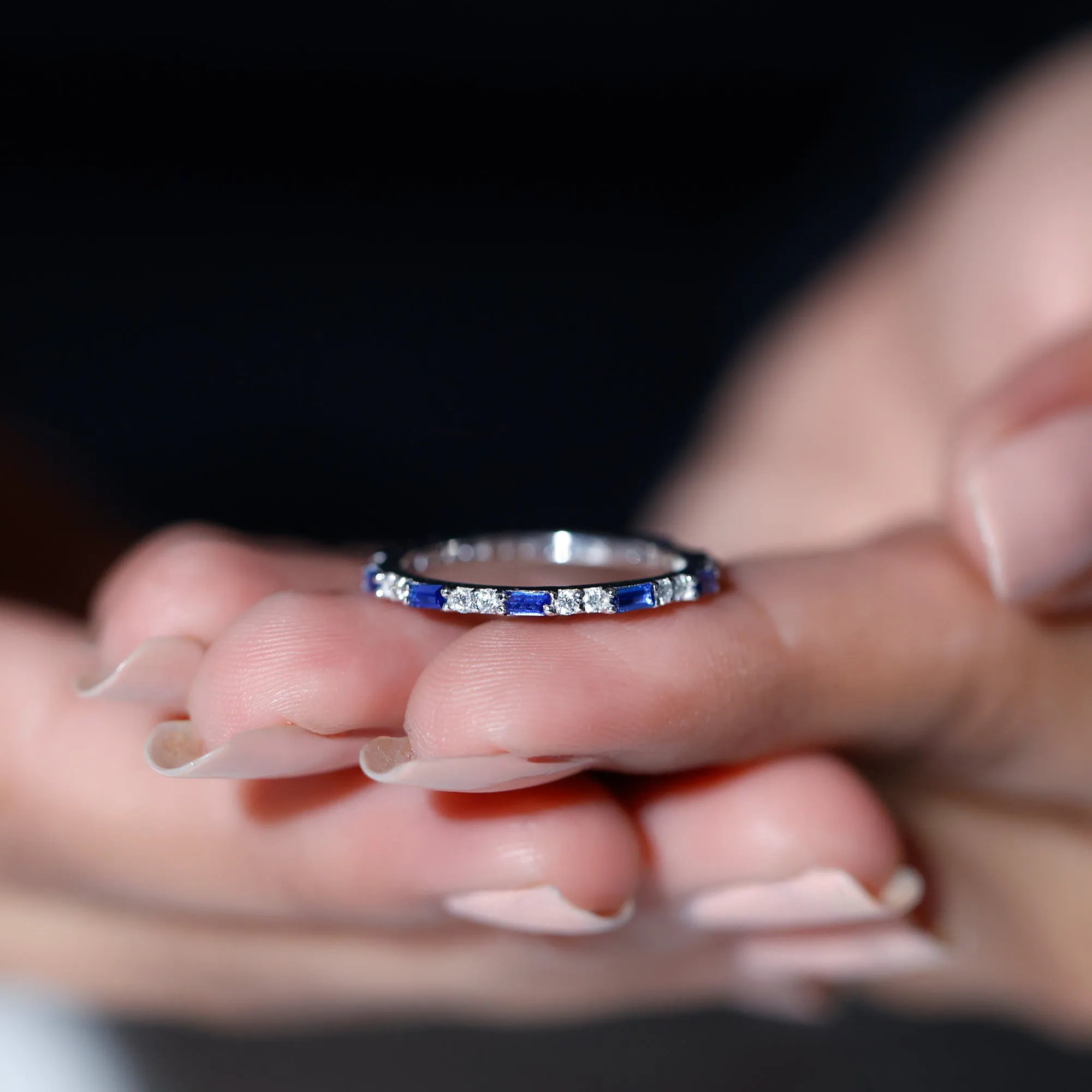 1.25 CT Baguette Created Blue Sapphire Full Eternity Ring with Diamond