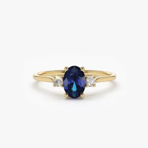 14k Oval Shape Sapphire and Diamond 3 Stone Ring