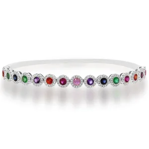 14K White Gold Diamond Halo   Color Stone Hinged Bangle