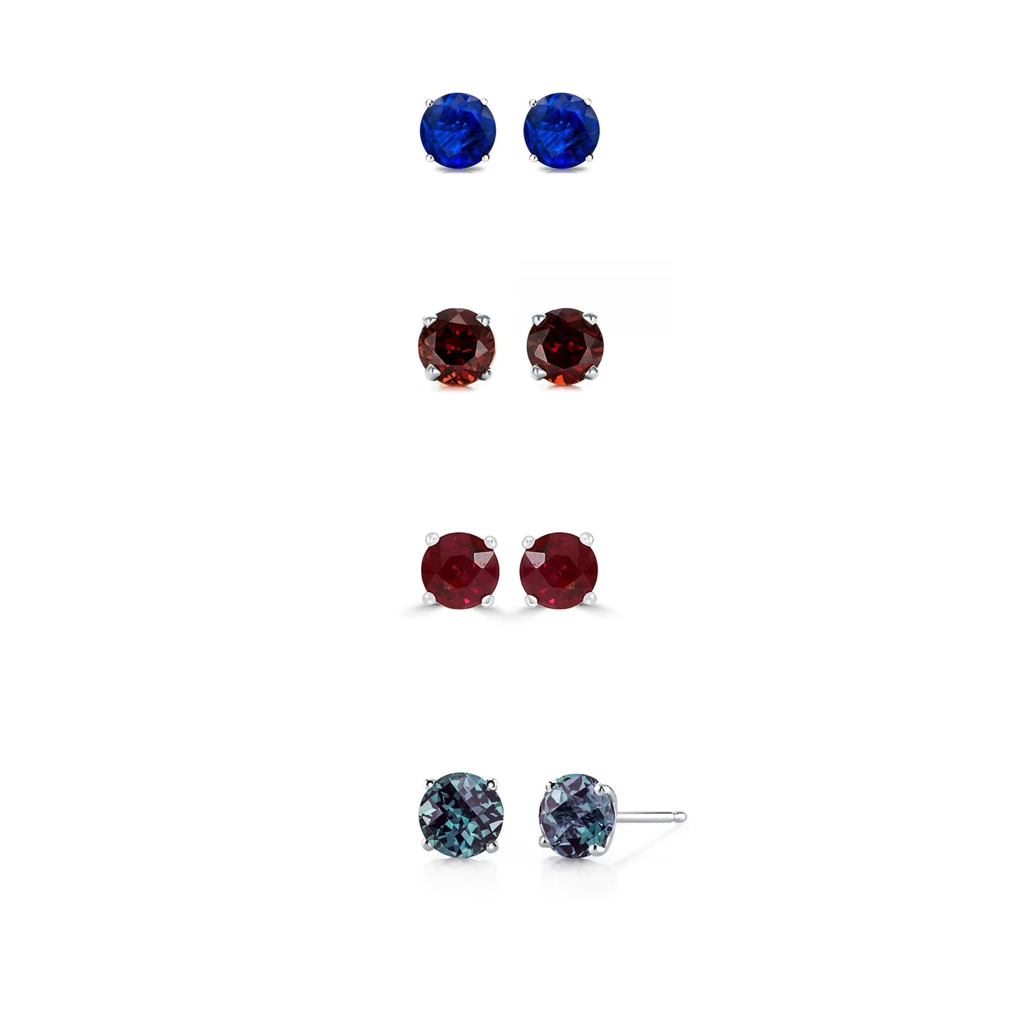 14k White Gold Plated 1/2Ct Created Blue Sapphire, Garnet, Ruby and Alexandrite 4 Pair Round Stud Earrings