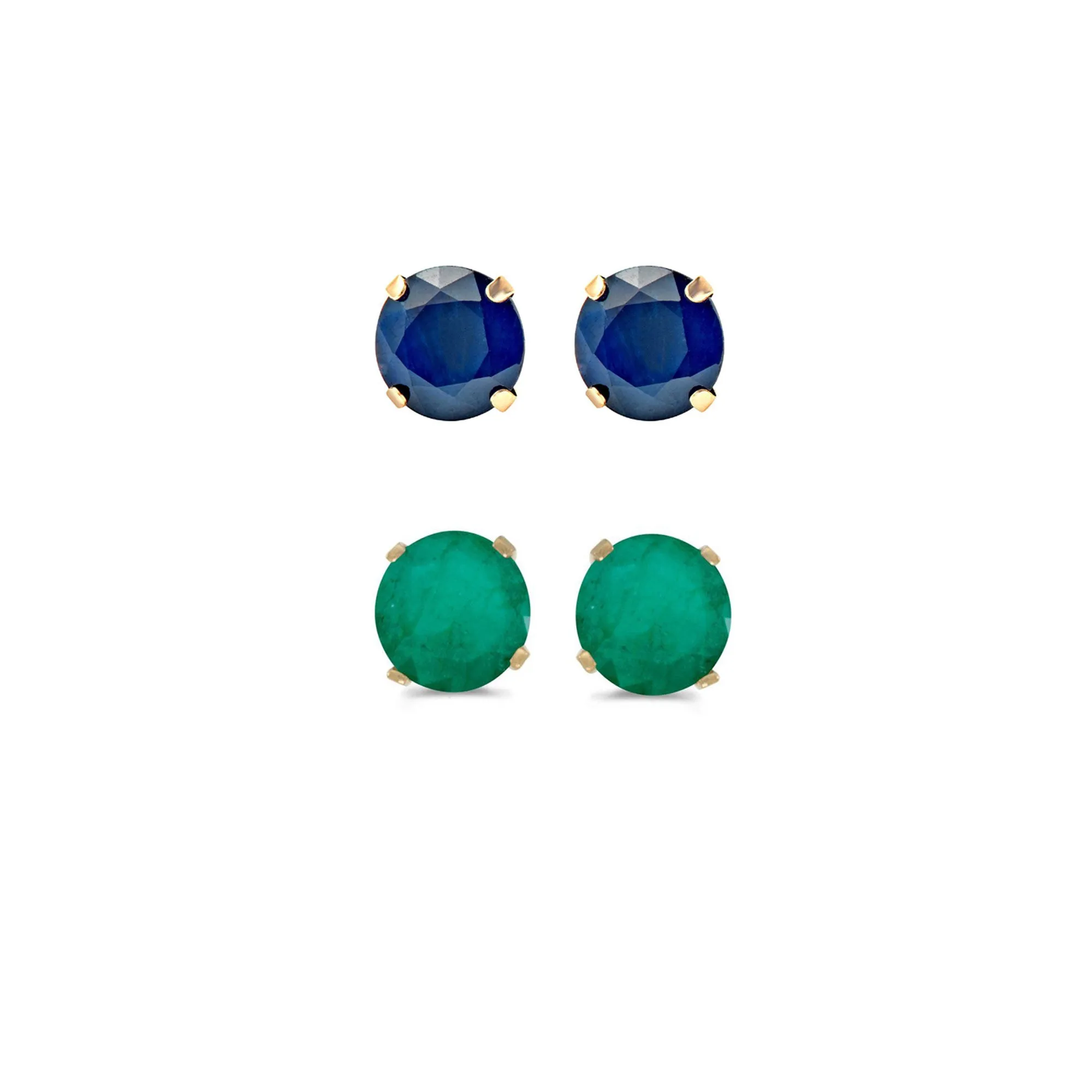 14k Yellow Gold Plated 2Ct Created Blue Sapphire and Emerald 2 Pair Round Stud Earrings