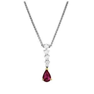 18ct Gold Yellow and White Gold Teardrop Ruby and Diamond Pendant and Chain