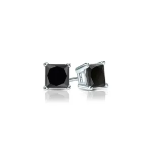 18k White Gold Plated 1/4 Carat Princess Cut Created Black Sapphire Stud Earrings 4mm