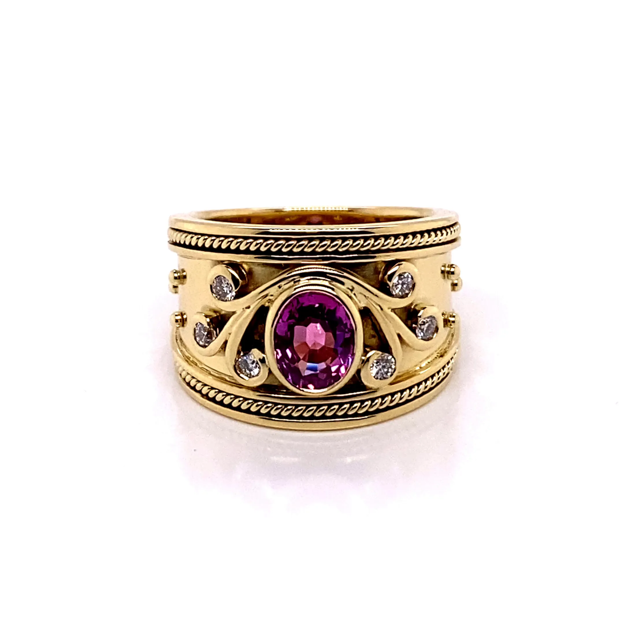 18KY Custom Estate Oval Cut Pink Sapphire And Diamond Fashion Ring