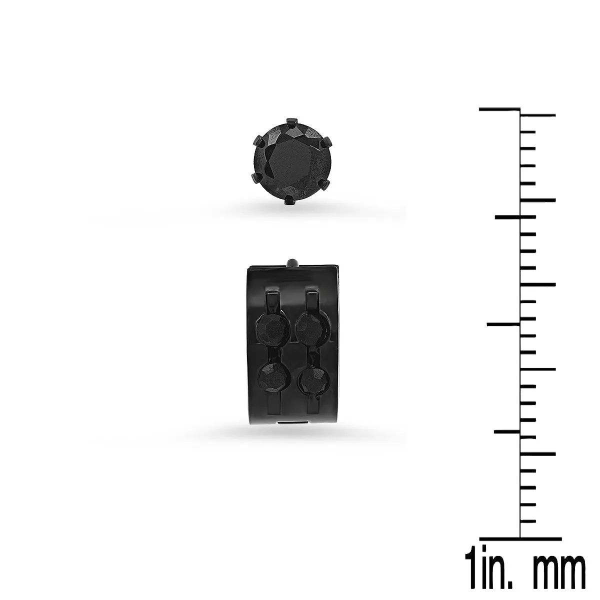 2-Piece: Unisex Black Ip Simulated Black Diamonds Studs And Diamond Cut Huggies Earrings