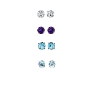 24k White Gold Plated 1Ct Created White Sapphire, Amethyst, Blue Topaz and Aquamarine 4 Pair Round Stud Earrings