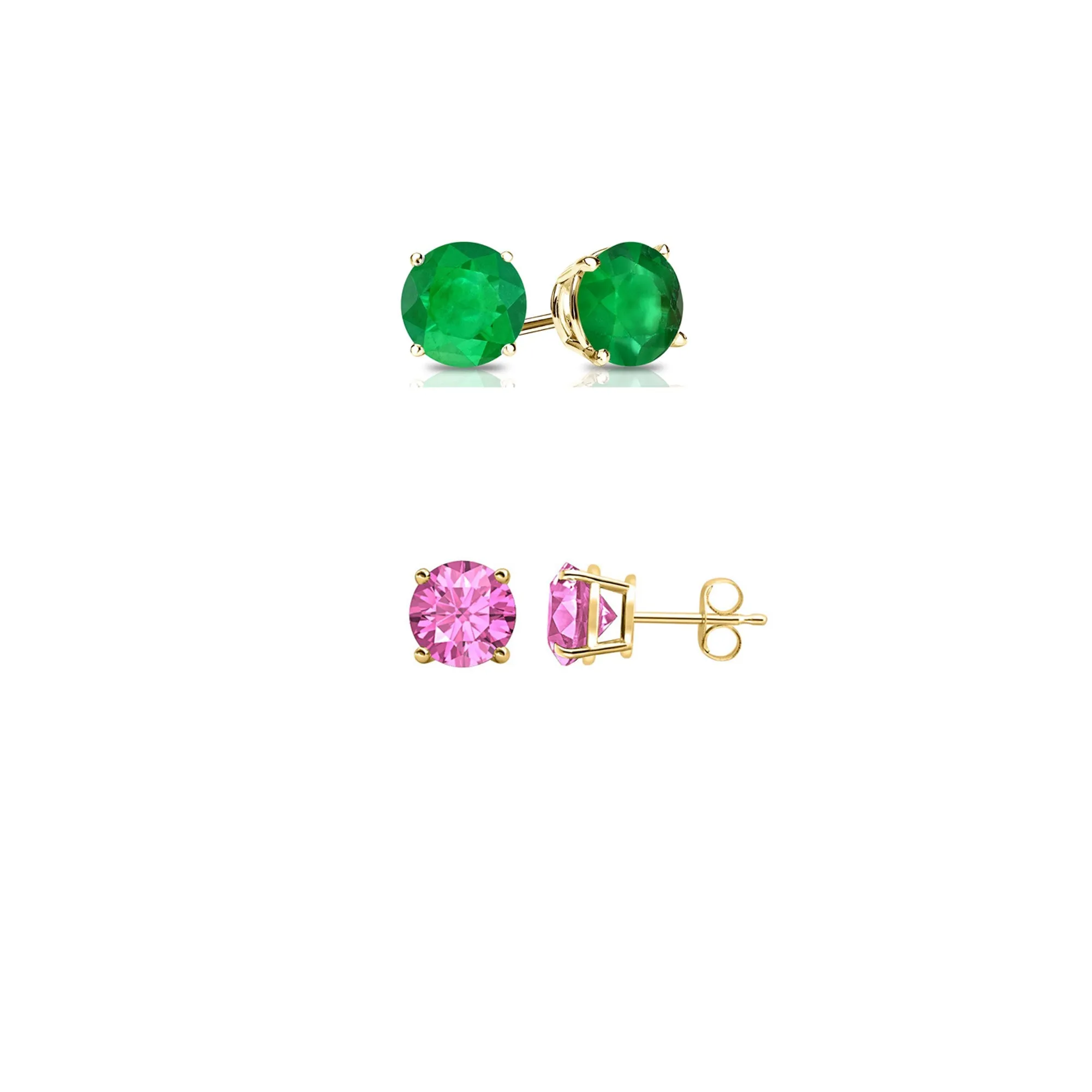 24k Yellow Gold Plated 4Ct Created Emerald and Pink sapphire 2 Pair Round Stud Earrings