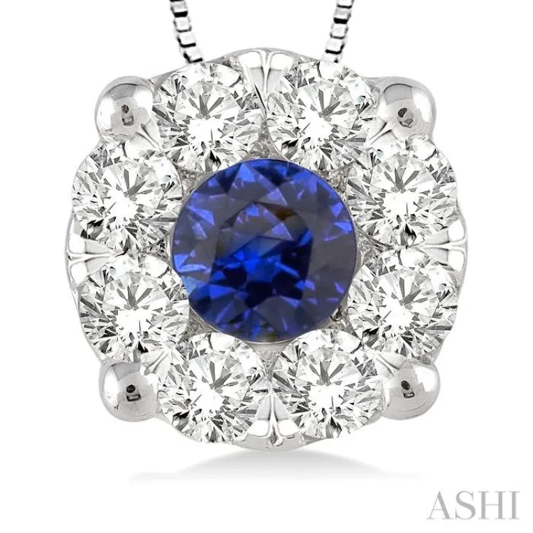 3.8 mm Round Cut Sapphire and 1/3 Ctw Lovebright Pendant in 14K White Gold with Chain