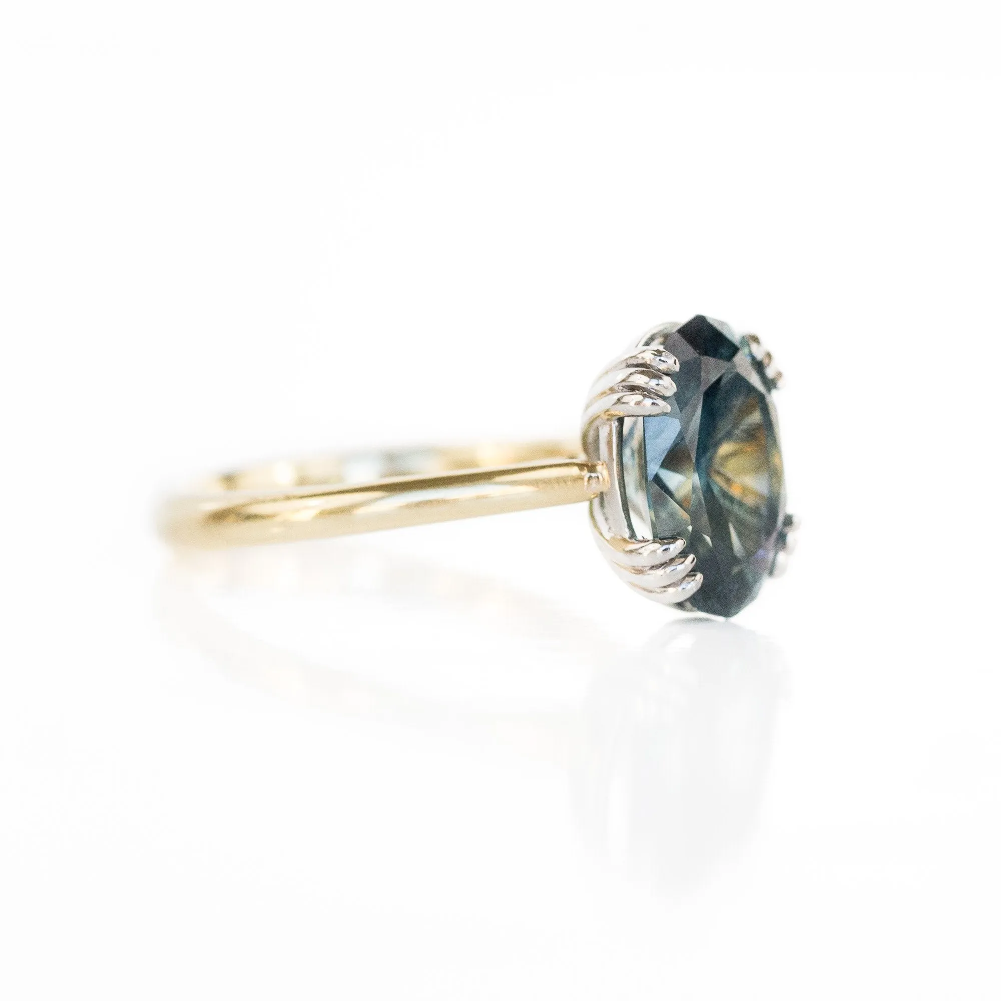 4.37ct Oval Unheated Sapphire in Platinum and 18k Yellow Triple Prong Cathedral Setting