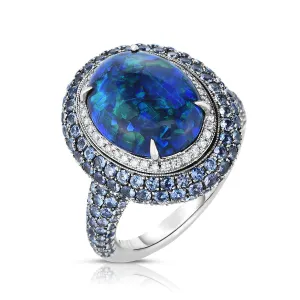 Black Opal, Sapphire and Diamond Double Halo Ring