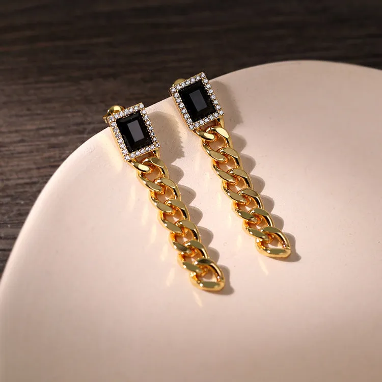 Black Square Zircon Chain Earrings