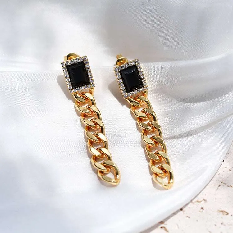 Black Square Zircon Chain Earrings