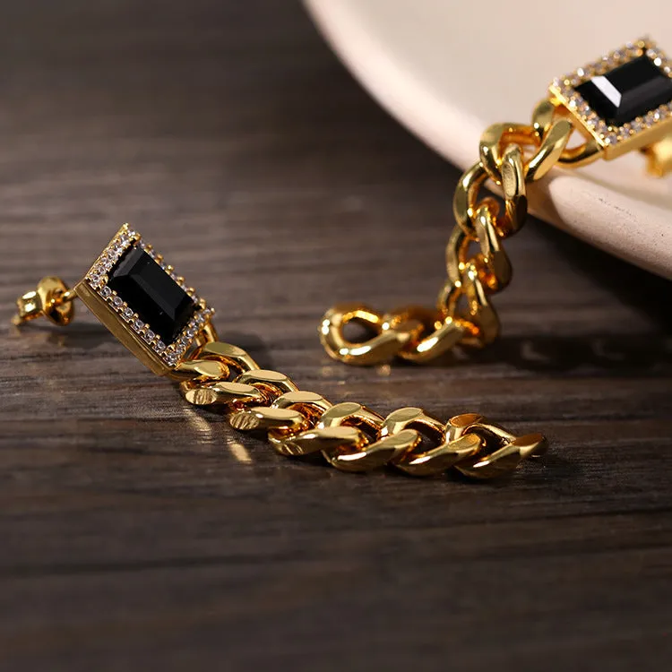 Black Square Zircon Chain Earrings