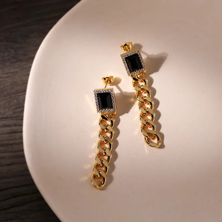 Black Square Zircon Chain Earrings