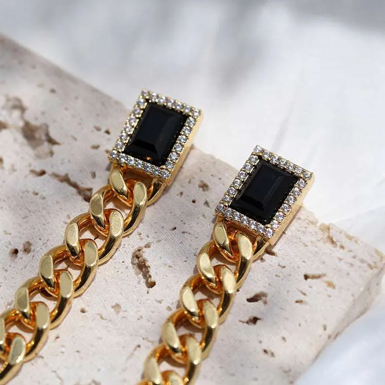 Black Square Zircon Chain Earrings