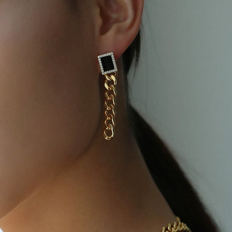 Black Square Zircon Chain Earrings