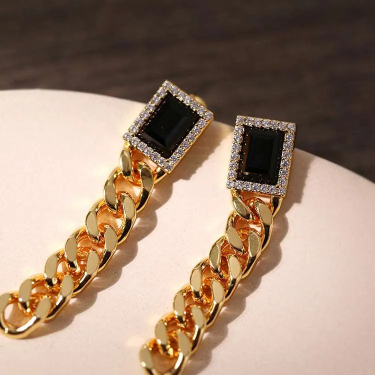 Black Square Zircon Chain Earrings