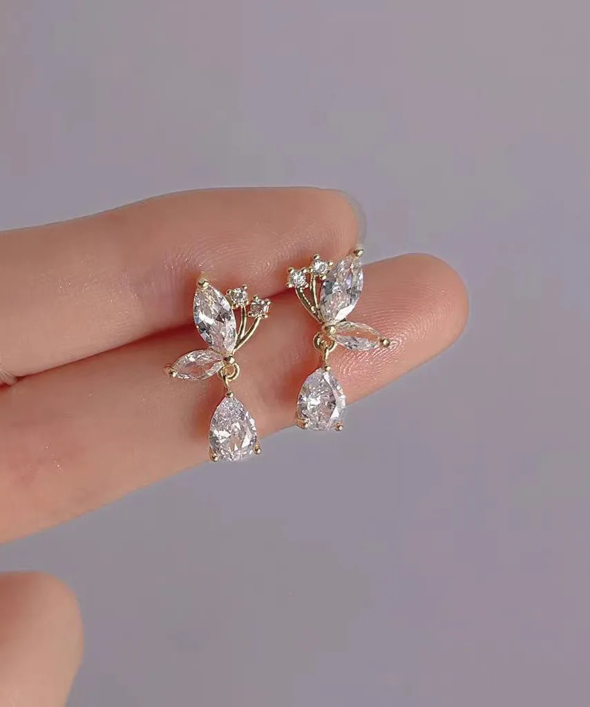 Boutique White Sterling Silver Overgild Zircon Water Drop Butterfly Stud Earrings WH024