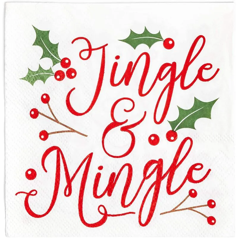 Christmas Cocktail Napkins, Jingle and Mingle Holiday Party Supplies (5 x 5, 50 Pack)