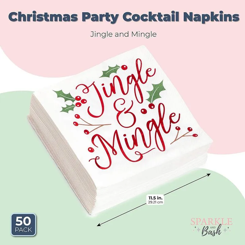 Christmas Cocktail Napkins, Jingle and Mingle Holiday Party Supplies (5 x 5, 50 Pack)