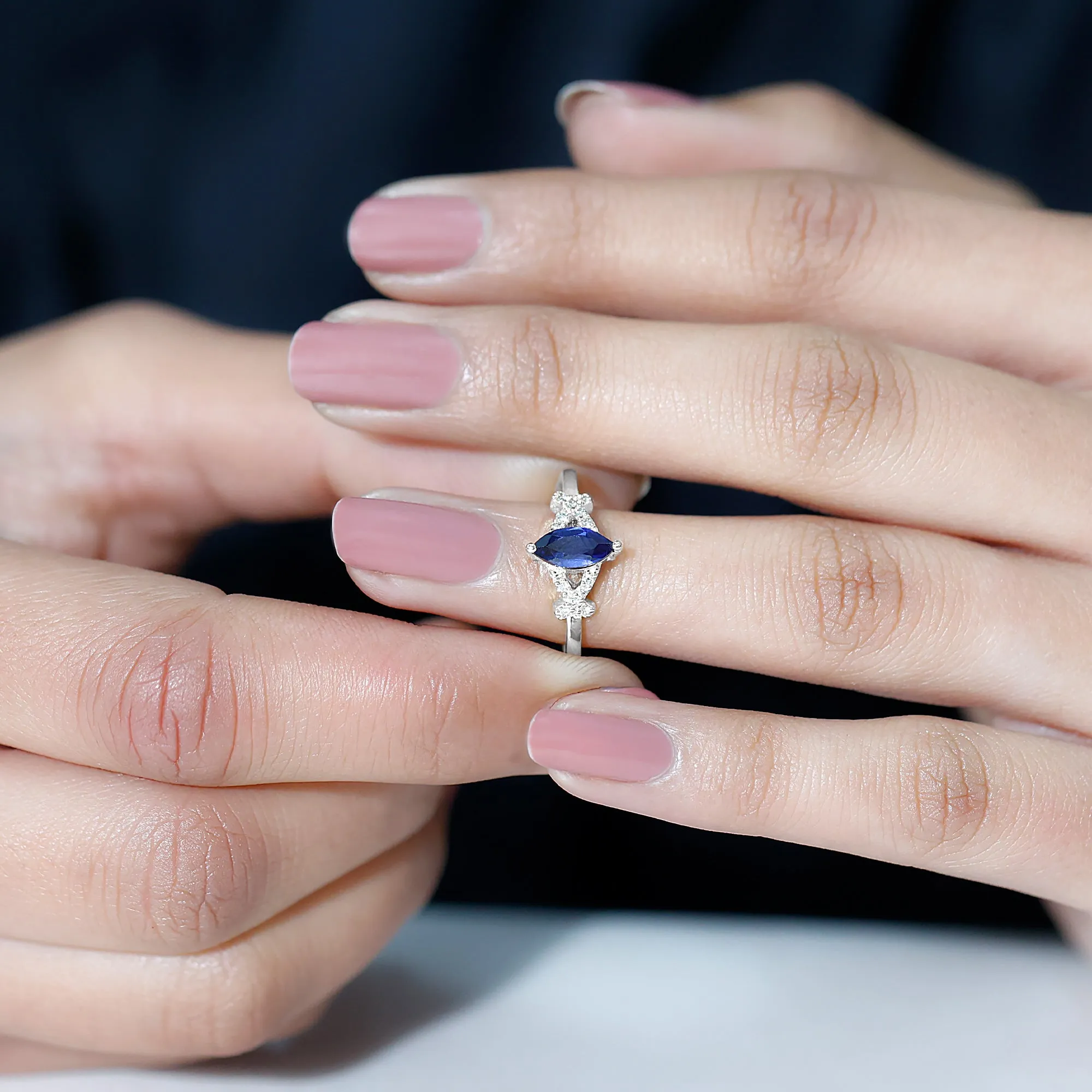 Created Blue Sapphire Minimal Engagement Ring With Diamond