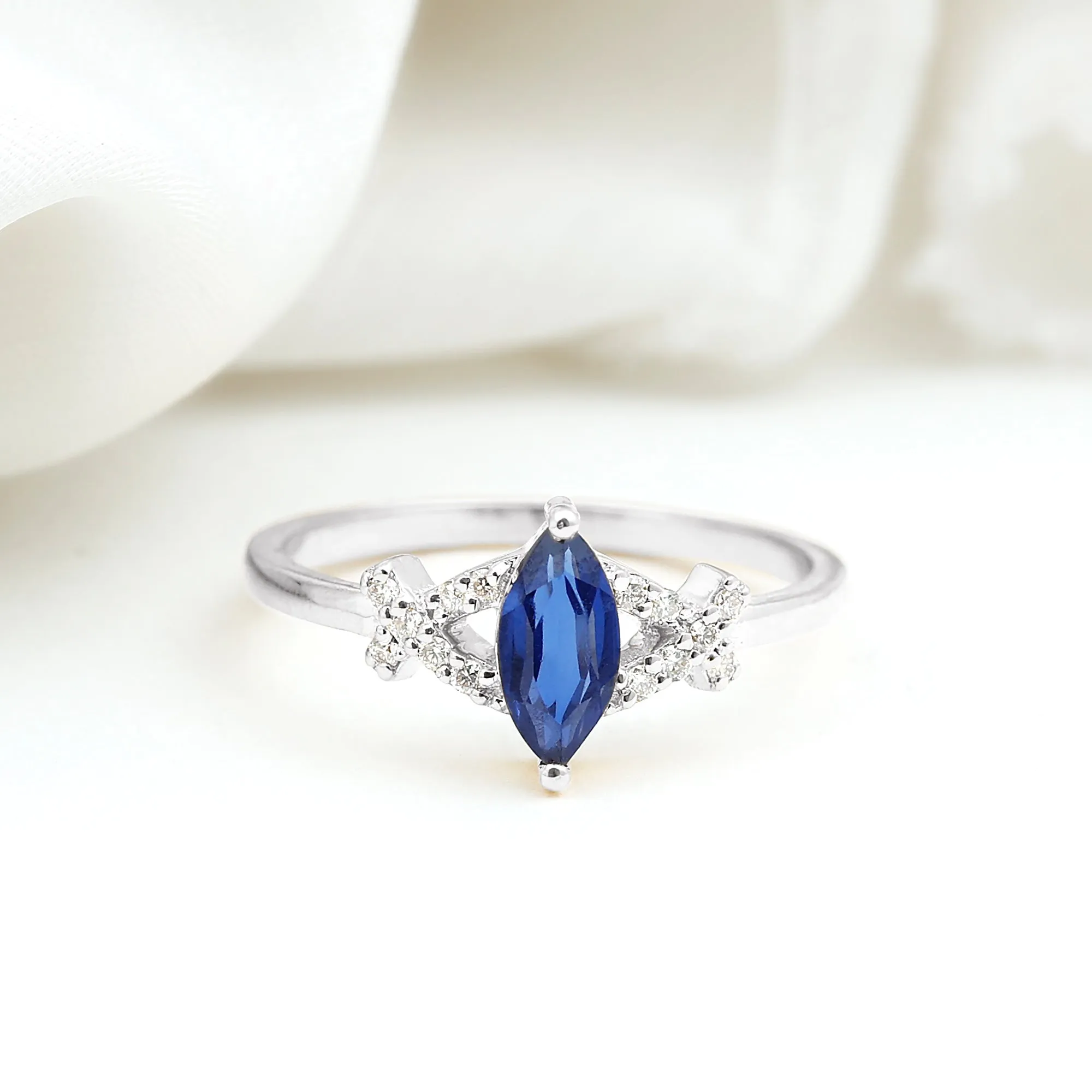 Created Blue Sapphire Minimal Engagement Ring With Diamond