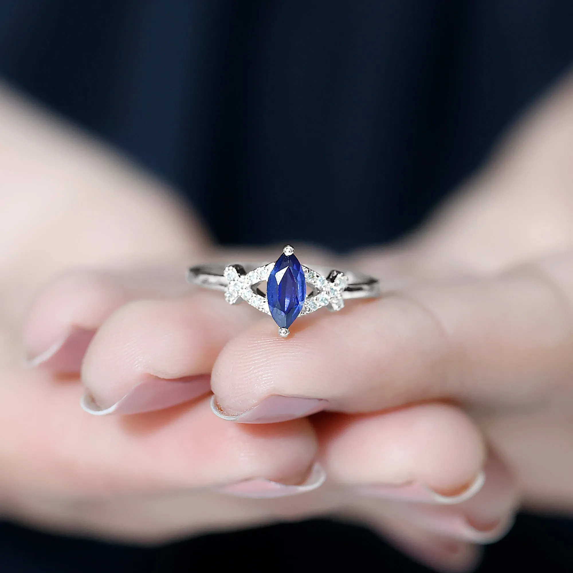 Created Blue Sapphire Minimal Engagement Ring With Diamond