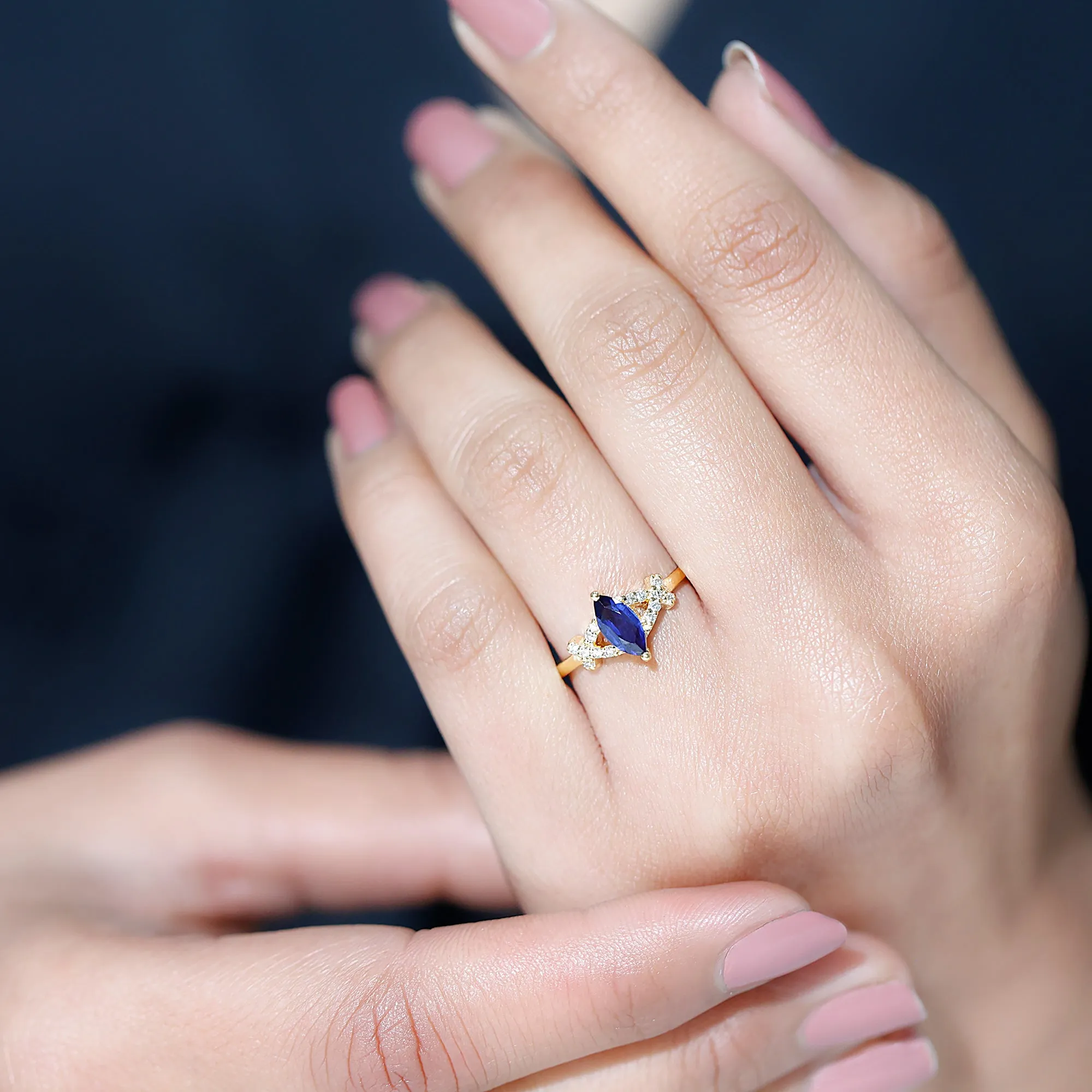 Created Blue Sapphire Minimal Engagement Ring With Diamond