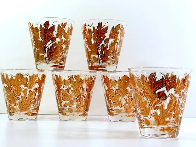 Culver Signed Mid-Century Autumn Leaves Double Old Fashion Glasses (Set of 6)