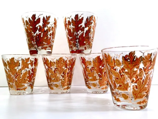 Culver Signed Mid-Century Autumn Leaves Double Old Fashion Glasses (Set of 6)