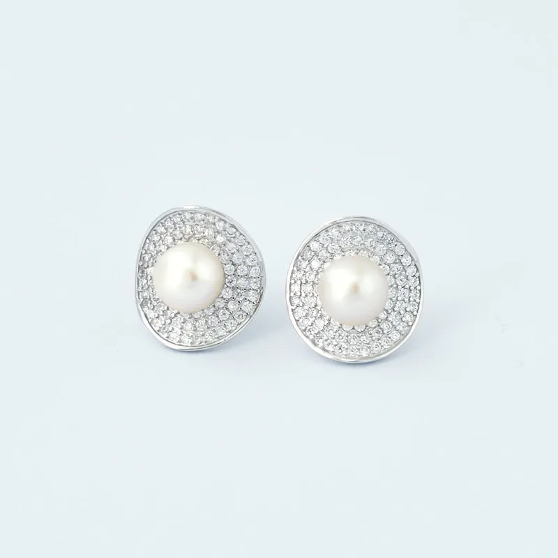 Curved Surface Full Zircon Freshwater Pearl Silver Stud Earrings for Women