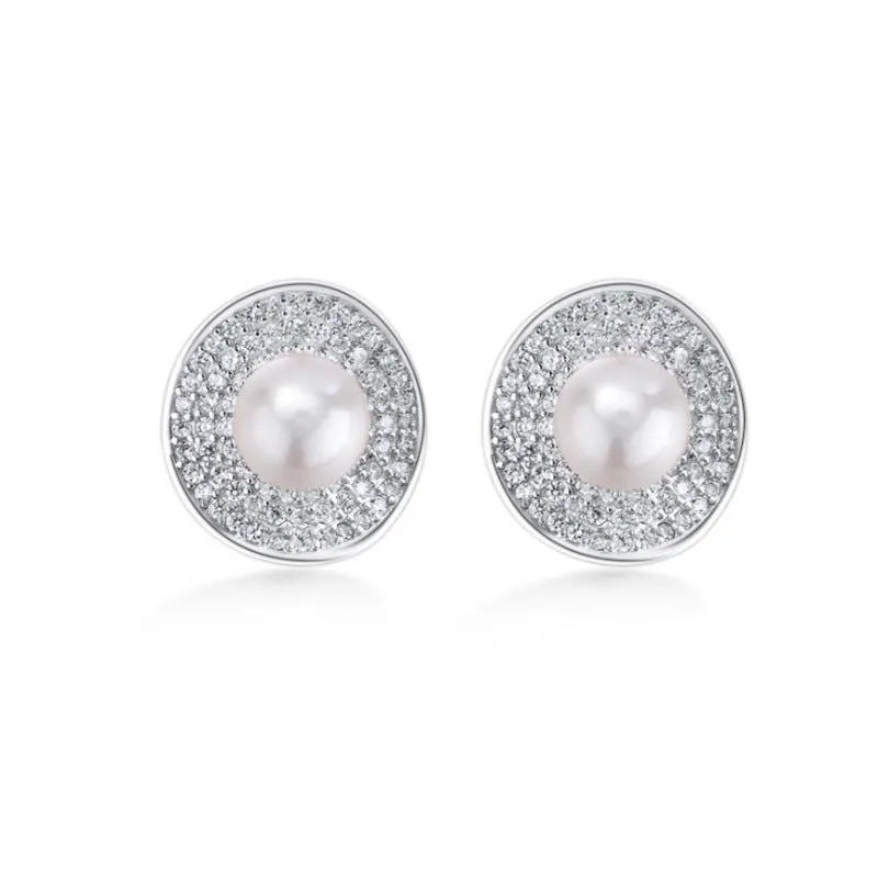 Curved Surface Full Zircon Freshwater Pearl Silver Stud Earrings for Women