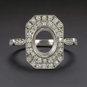 DIAMOND RING SETTING ART DECO BEZEL SEMI MOUNT VINTAGE STYLE OVAL 14k WHITE GOLD