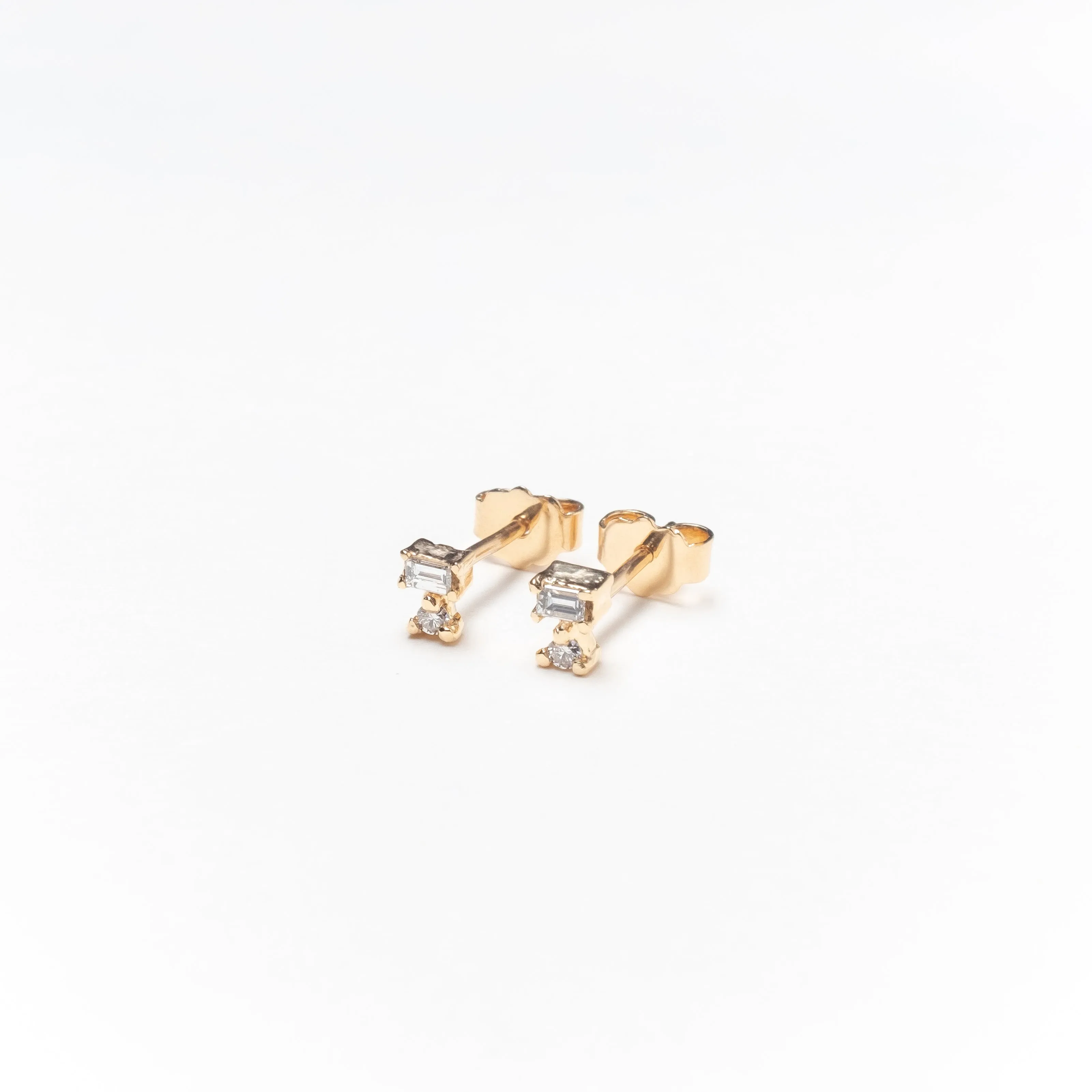 Double Diamond Stud Earrings, Solid 14k Gold, Single / Pair