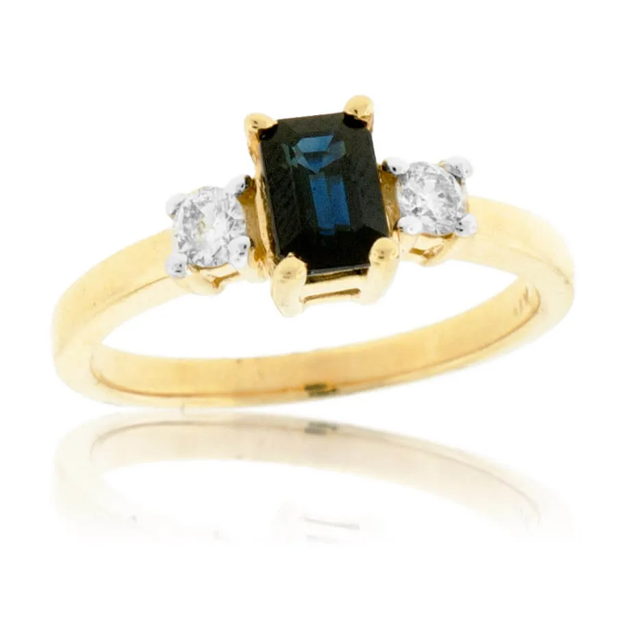 Emerald-Cut Blue Sapphire & Diamond Three Stone Ring