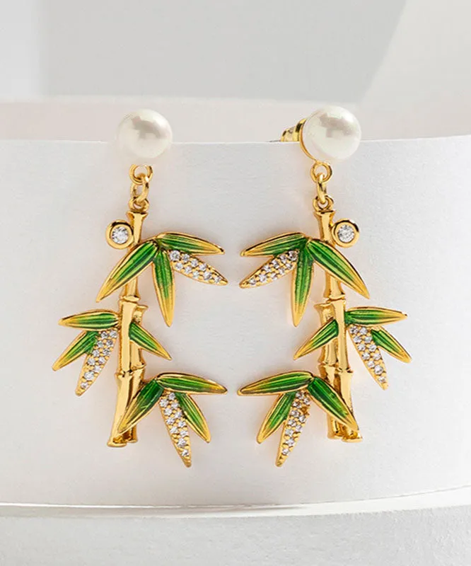 Fashion Green Overgild Zircon Pearl Bamboo Drop Earrings TW1016