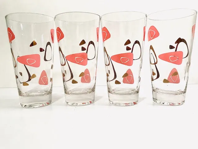 Federal Glass Mid-Century Pink and 22-Karat Gold Amoeba Boomerang Atomic Highball Glasses (Set of 4)