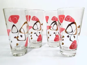 Federal Glass Mid-Century Pink and 22-Karat Gold Amoeba Boomerang Atomic Highball Glasses (Set of 4)