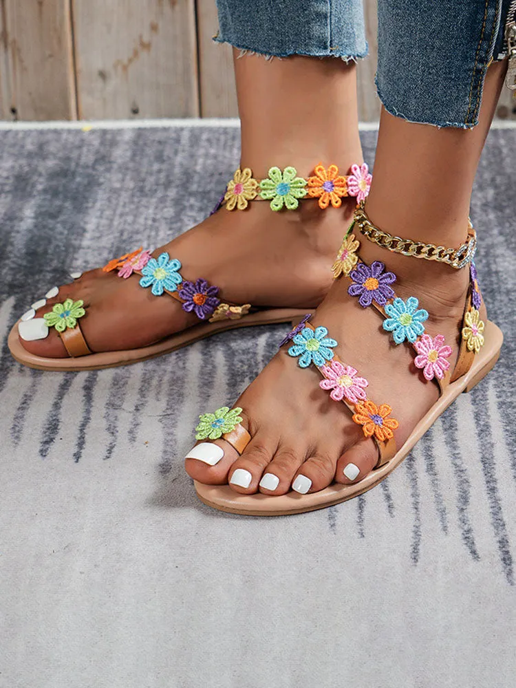 Floral Pattern Toe Ring Sandals