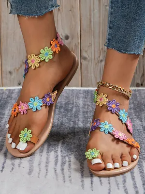 Floral Pattern Toe Ring Sandals