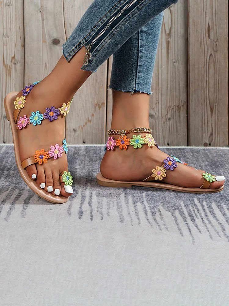 Floral Pattern Toe Ring Sandals