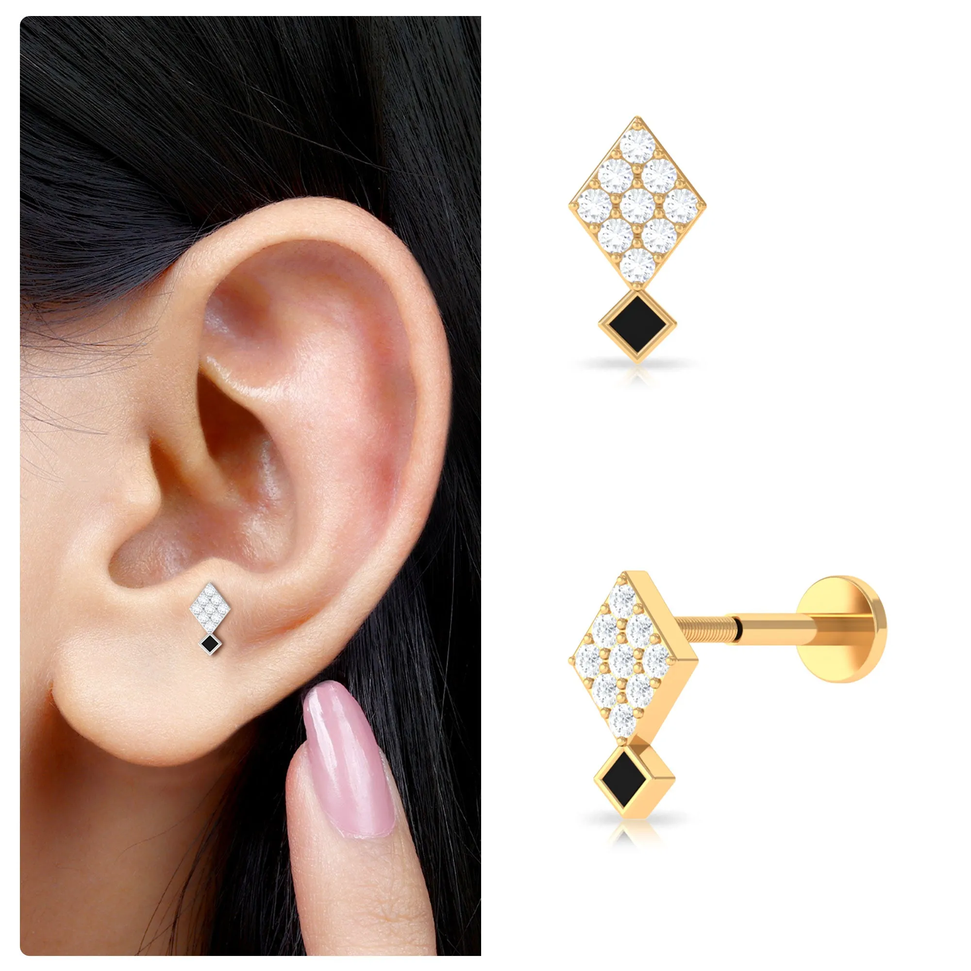 Genuine Diamond and Black Enamel Unique Helix Earring