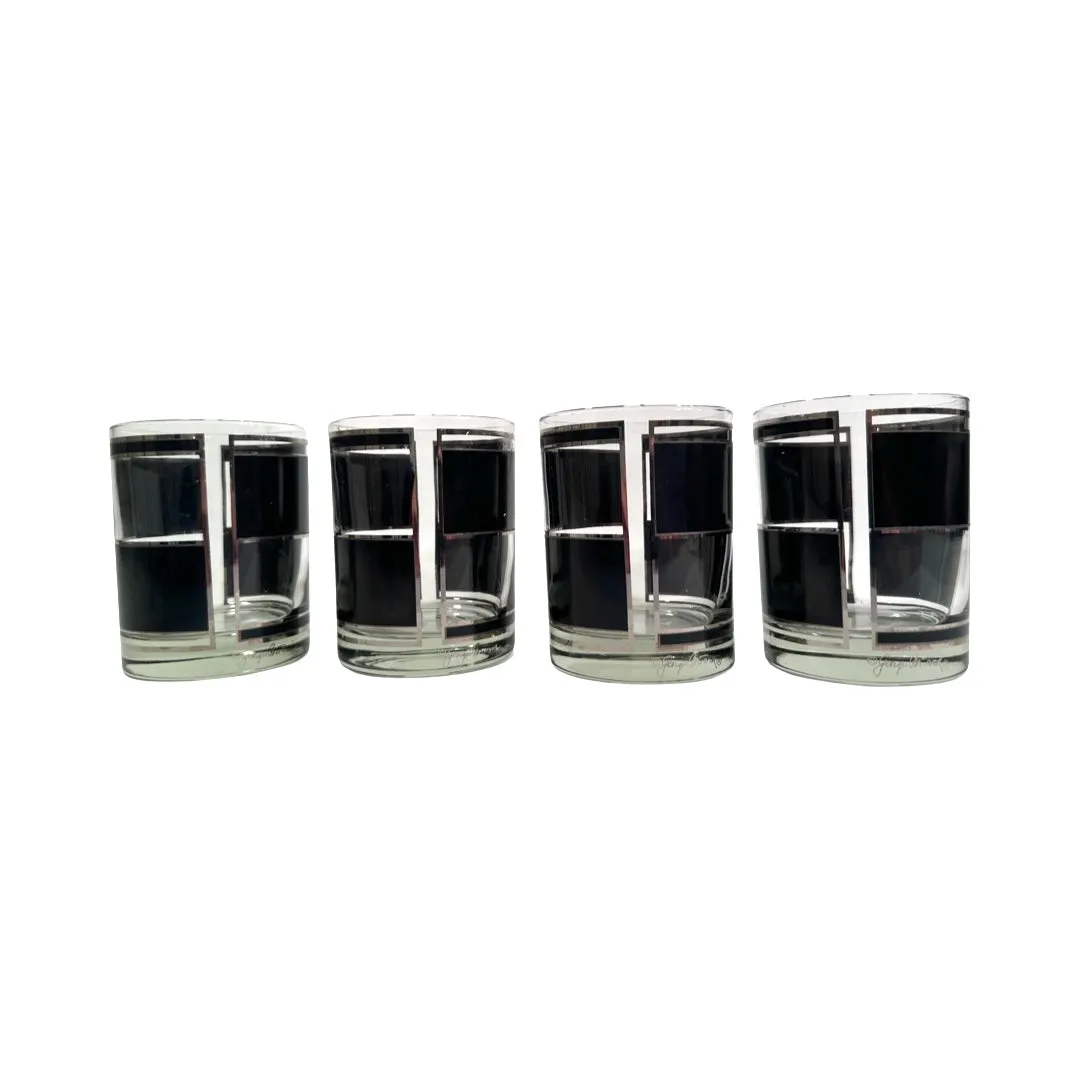 Georges Briard Signed Mid-Century Silver and Black Square Double Old Fashion Glasses (Set of 4)