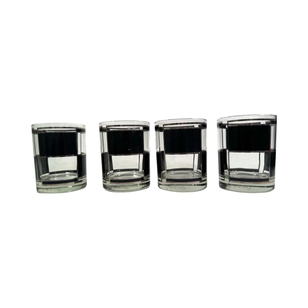 Georges Briard Signed Mid-Century Silver and Black Square Double Old Fashion Glasses (Set of 4)