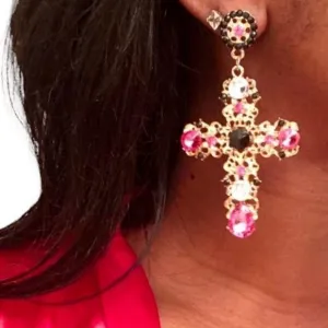 Glittery Gold Dangling Cross Earrings