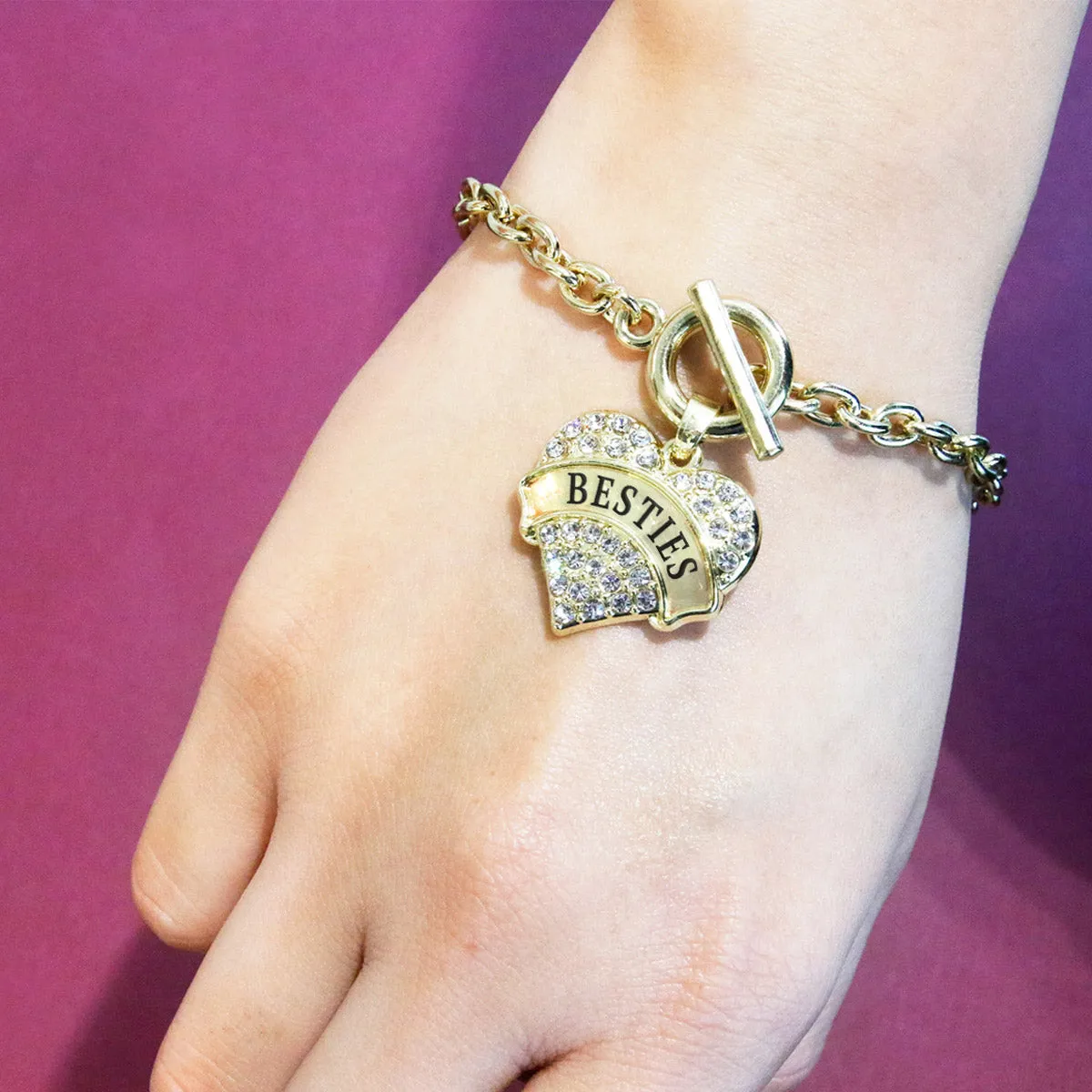 Gold Besties Pave Heart Charm Toggle Bracelet